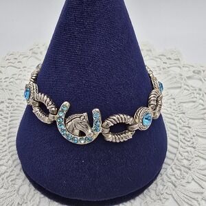 Blue Rhinestone Equestrian Bracelet Silver Tone Rope Link Horse Head Shoe